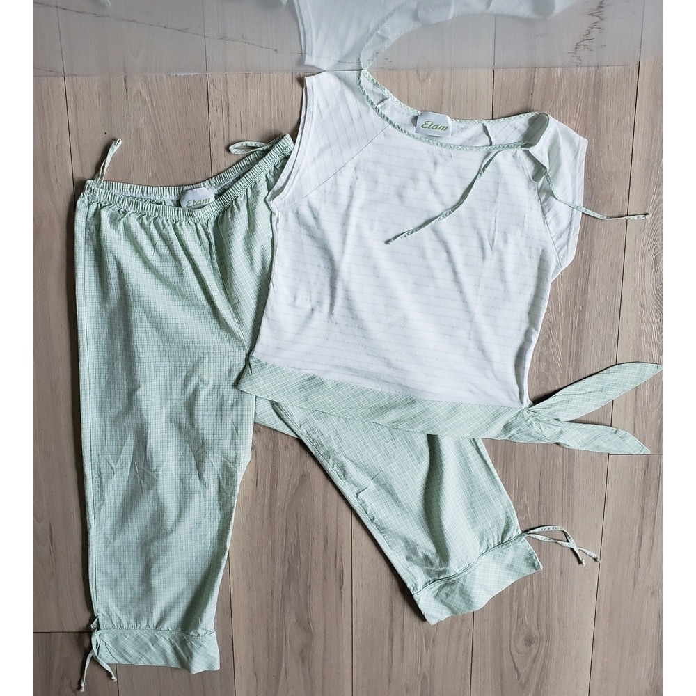 Etam Pajama Set Womens 12 Green Cotton Gingham Capri Pants Sleeveless Top‎